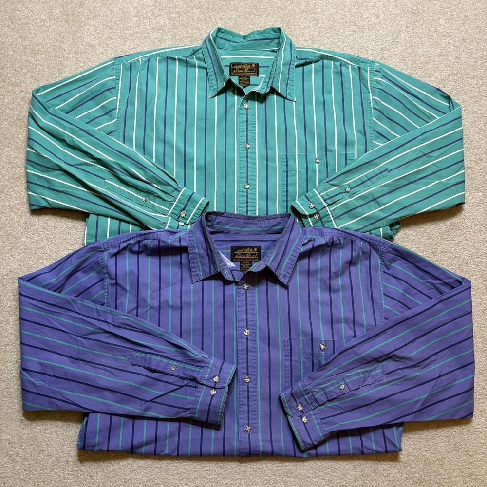 Vtg Eddie Bauer Shirt Lot Of 2 Mens XLT Multicolor Vert Striped Button Up LS 90s